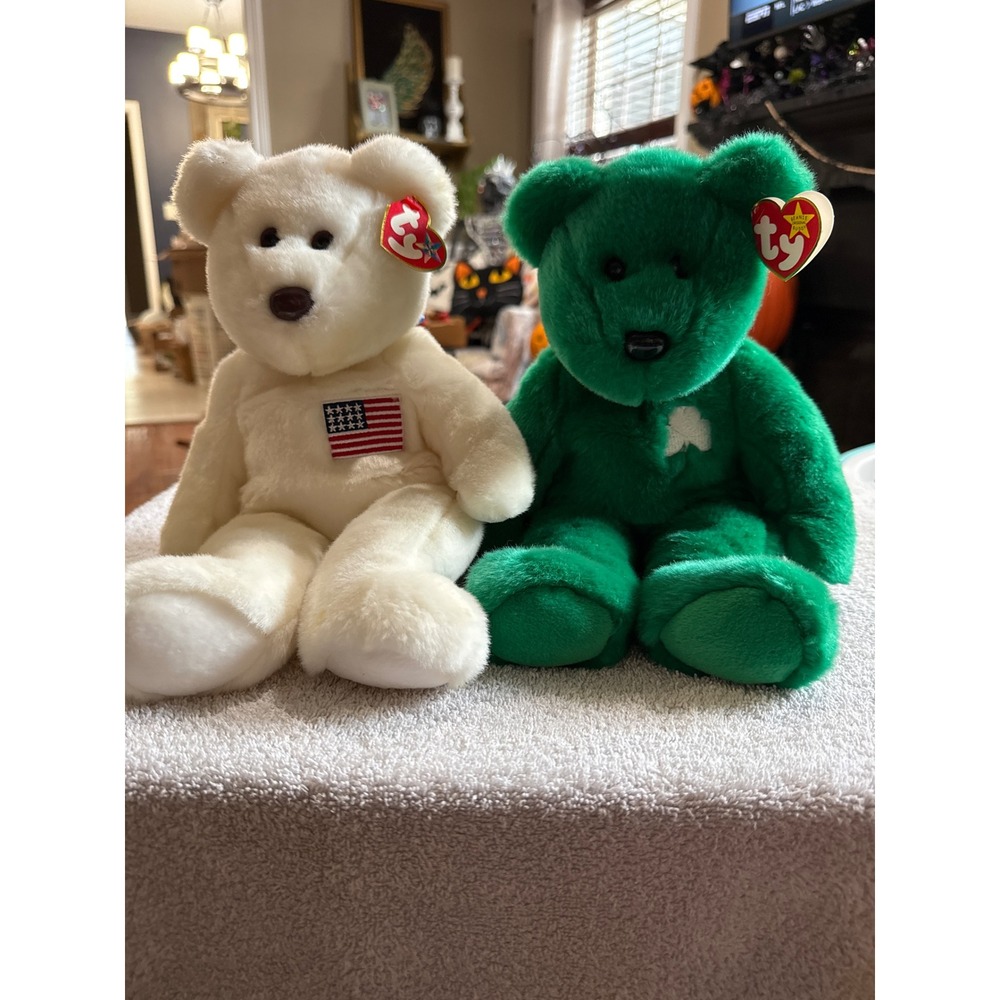 Ty Beanie Buddies Libearty and Erin Bears White Flag Green Shamrock 13in Plush
